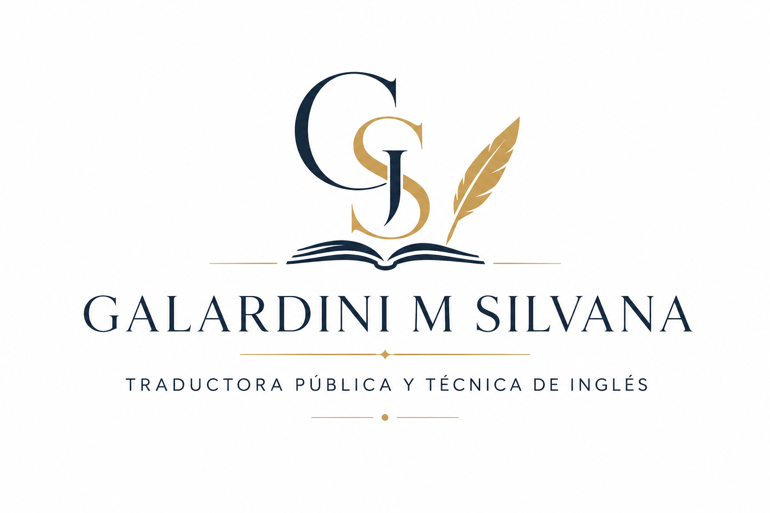 Logo de Galardini M Silvana, traductora pública y técnica de inglés, con pluma dorada y letras azul y dorado