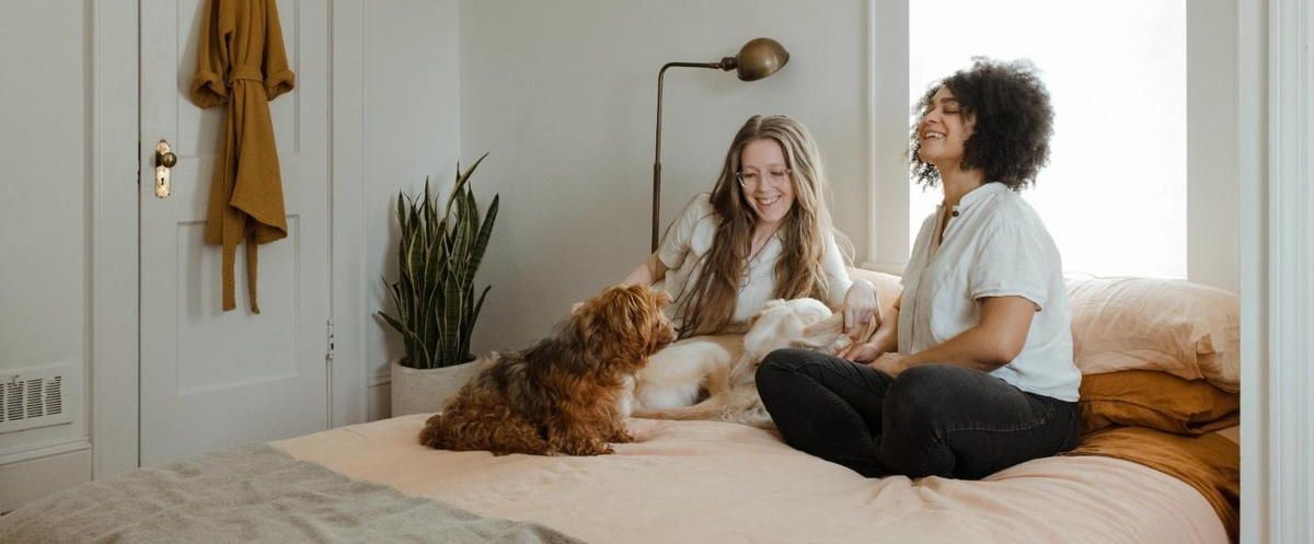 Two women are sitting on a bed with their dogs.