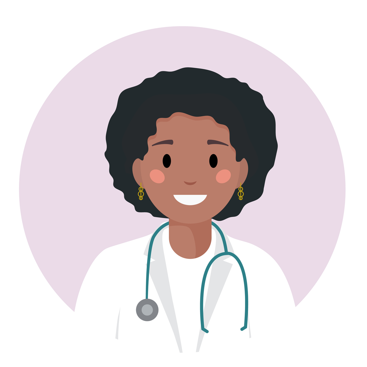 A female doctor with a stethoscope around her neck is smiling.