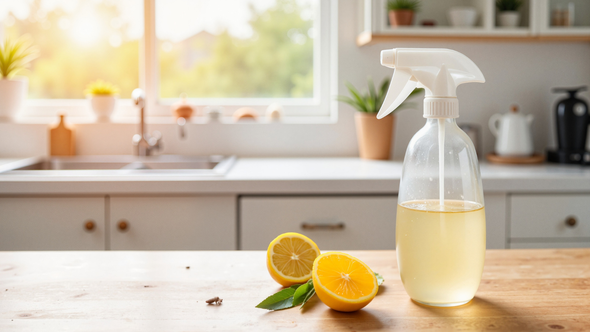 Spray bottle and sliced lemons on a kitchen counter near a window, suggesting natural cleaning products.