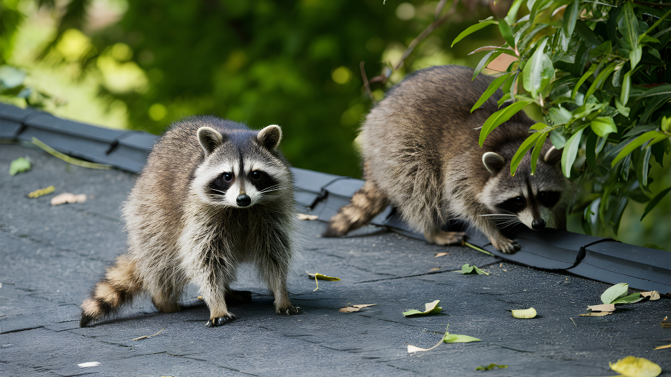 Two raccoons on a dark roof, one looking forward, the other near green leaves.