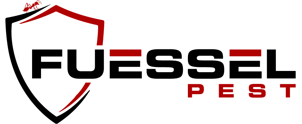 Logo for Fuessel Pest control, black and red shield with ants on top, bold black text.