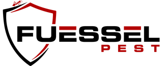 Logo for Fuessel Pest control, black and red shield with ants on top, bold black text.