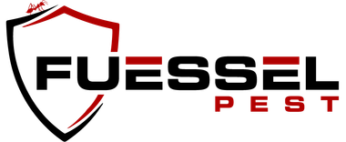 Logo for Fuessel Pest control, black and red shield with ants on top, bold black text.