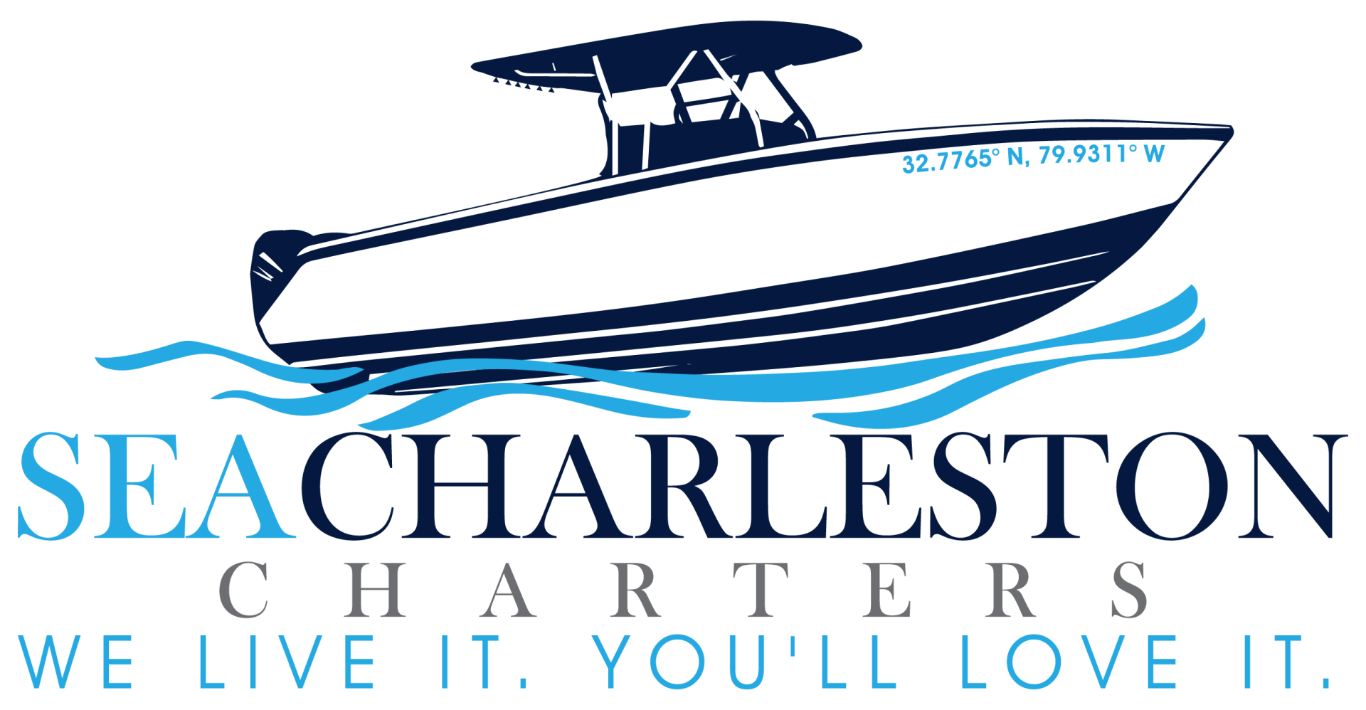 The logo for sea charleston charters shows a boat in the water