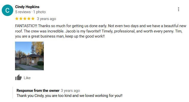 Customer review with photo, praising a roofing company's work.
