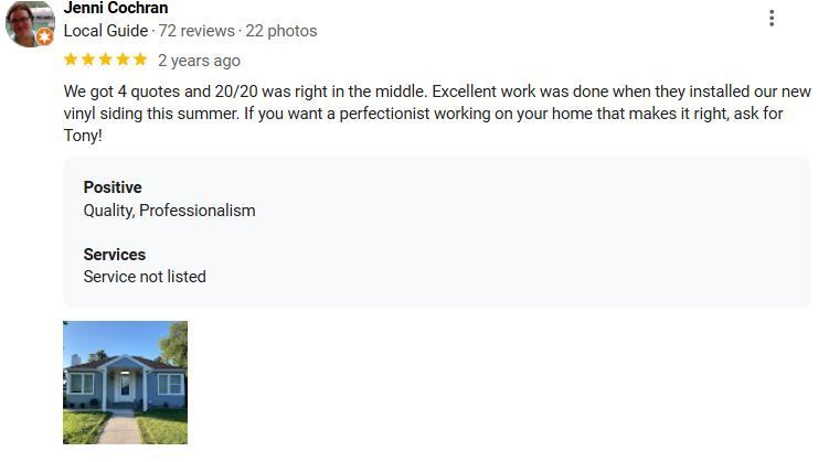 Review of a siding installation with positive comments.