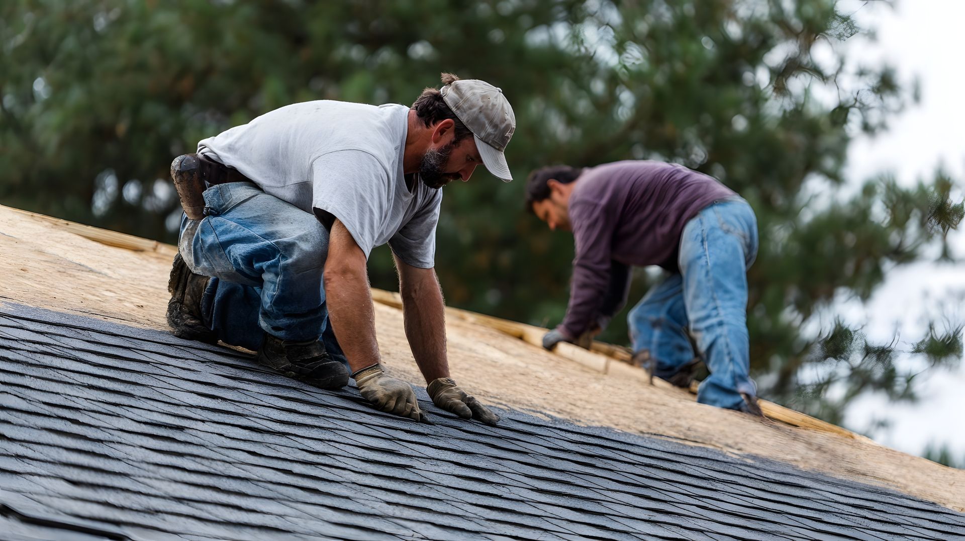 A team of professional roofers carefully installing asphalt shingles on a residential roof.