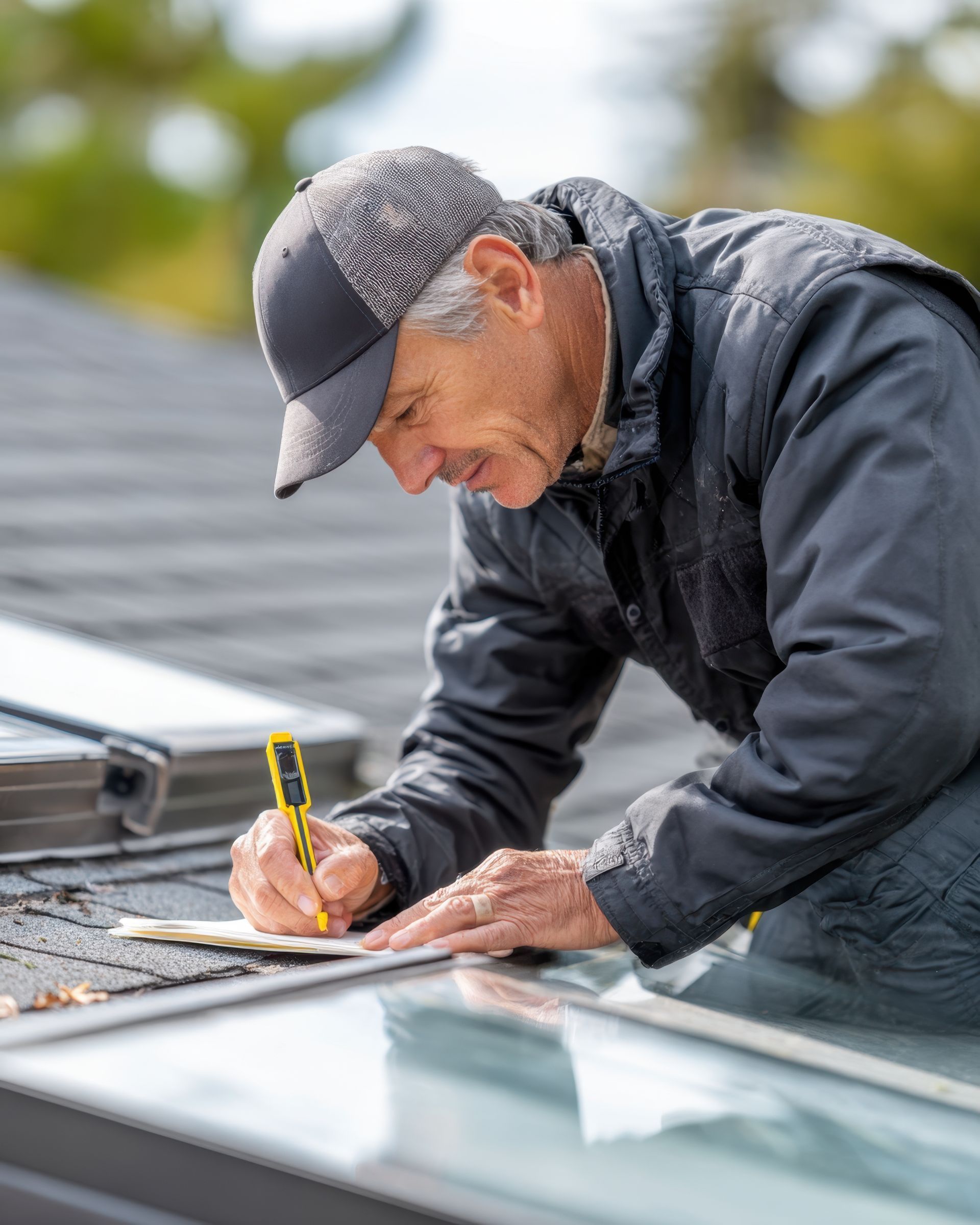 Roofing contractor taking notes during an on-site roof inspection on a residential home