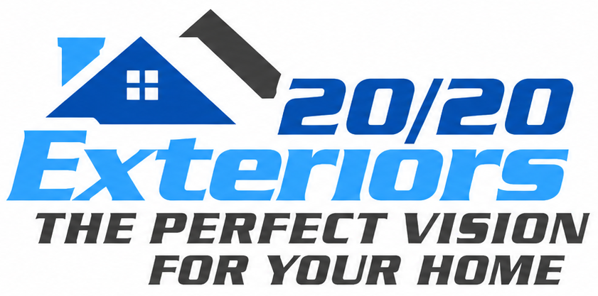 Logo for 20/20 Exteriors, a home exterior company, in blue with a house icon and tagline 