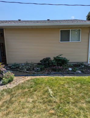 A house with a window and a garden in front of it.