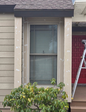 Tan window with light-colored trim and a brown roof overhang; a ladder leans next to a red door.
