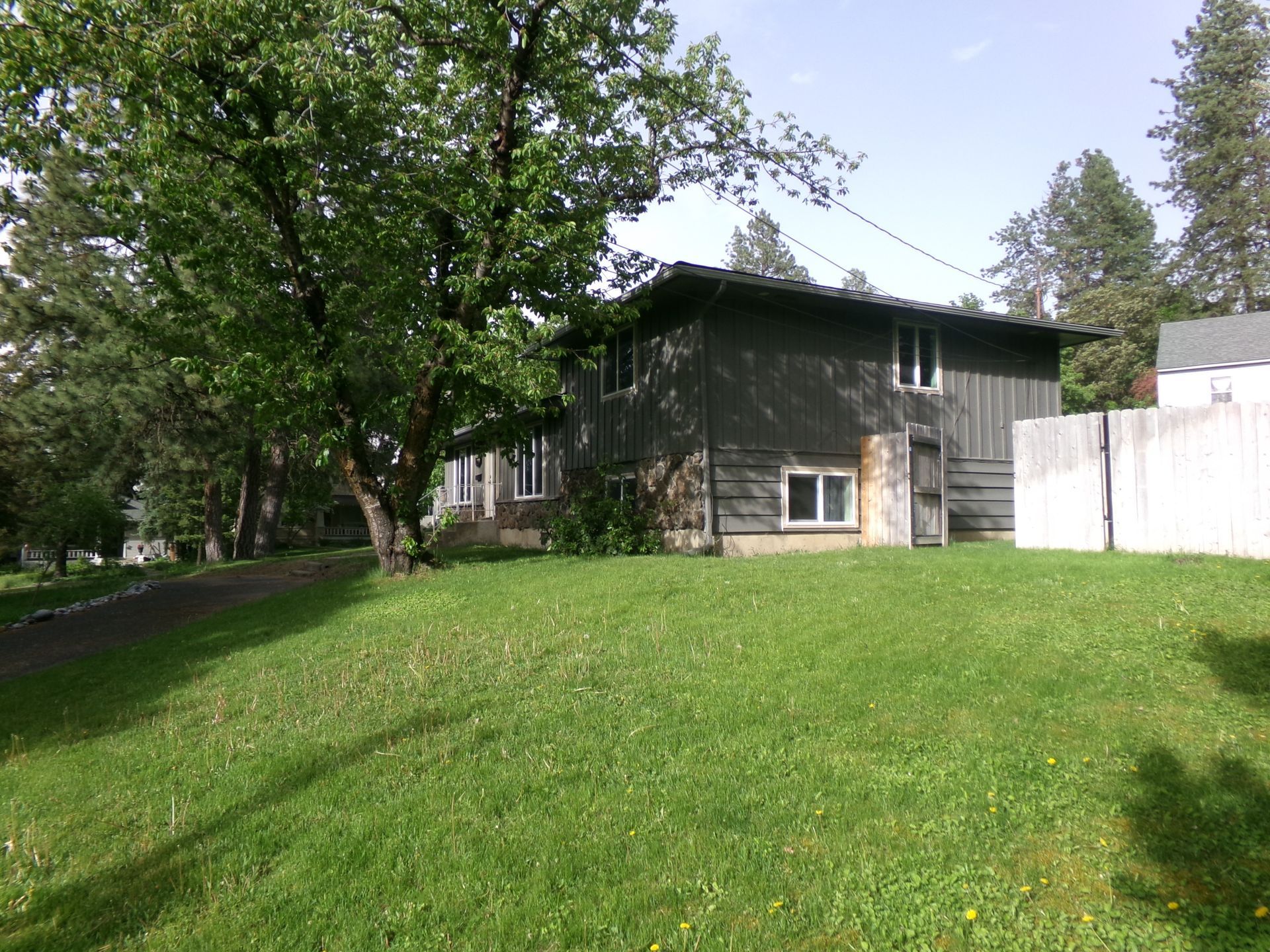 A large lawn in front of a house with trees in the background.