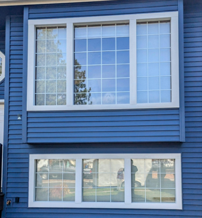 A blue house with a lot of windows on it