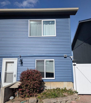 A blue house with a white door and windows