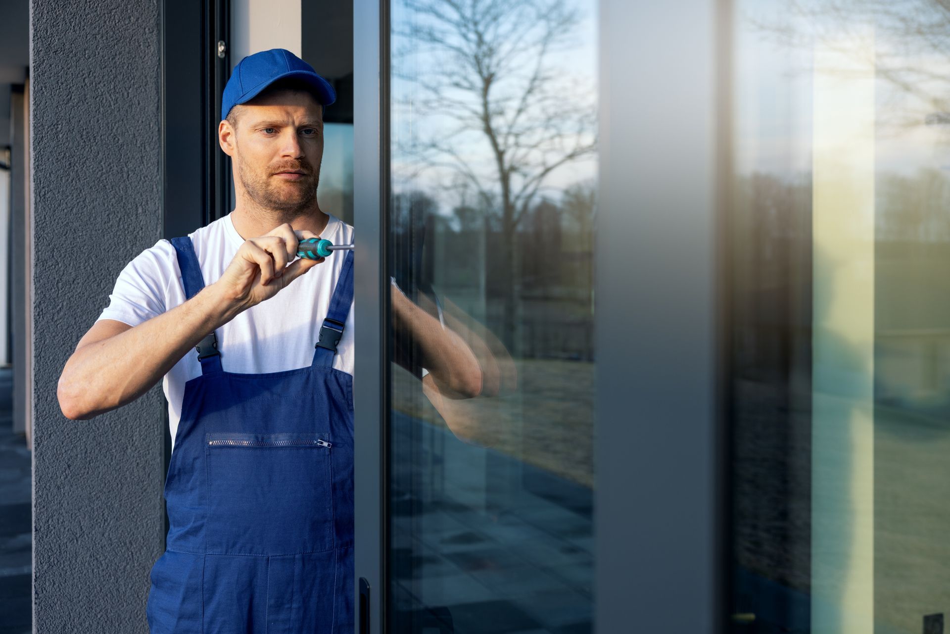 Professional window installer in blue overalls fitting glass window frame on home.