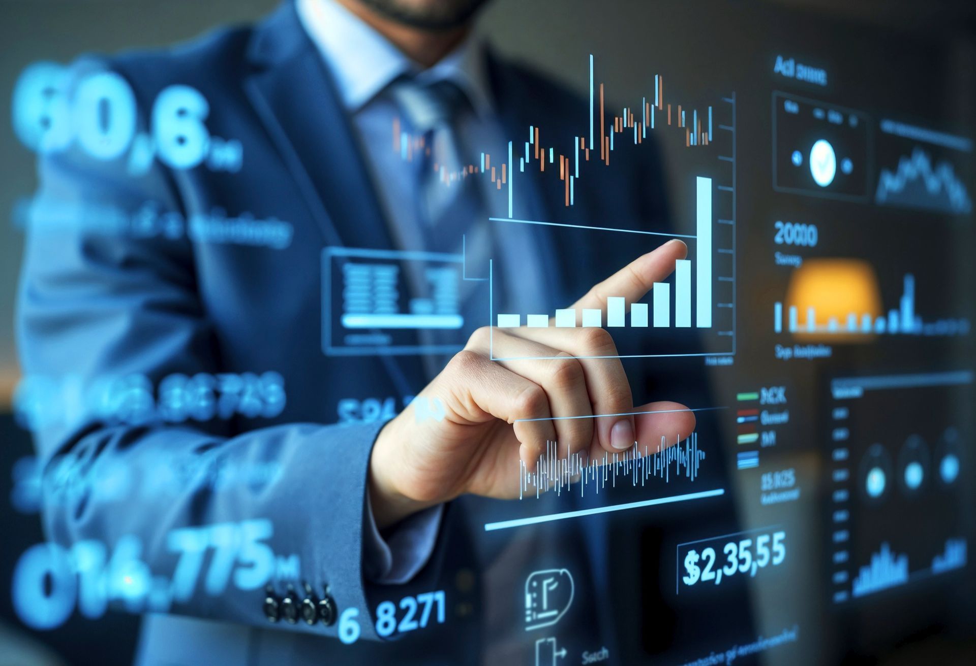 Hombre de traje interactuando con una pantalla holográfica de datos financieros.