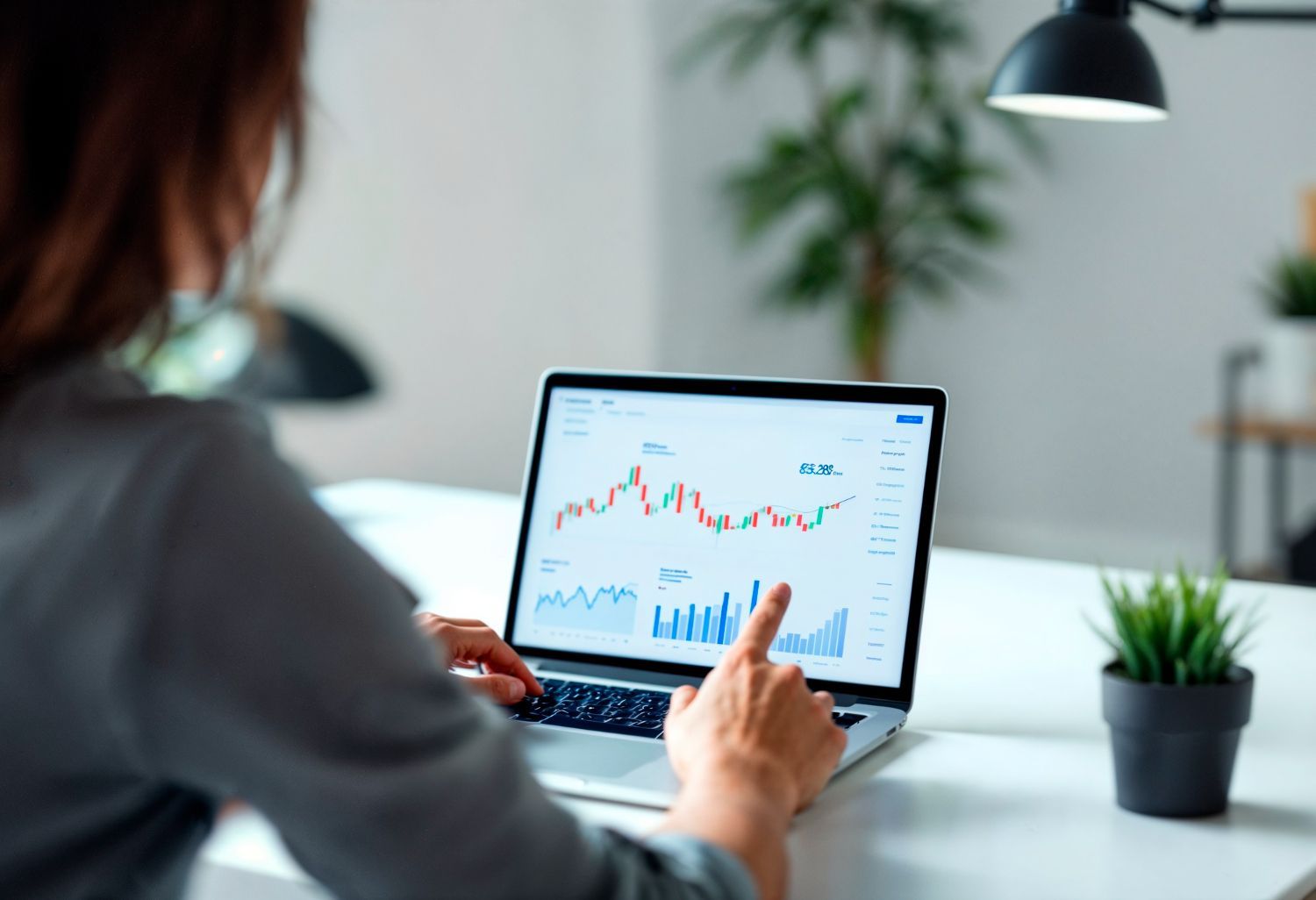 Persona señalando un gráfico de acciones en la pantalla de un portátil. Oficina luminosa con escritorio y maceta.