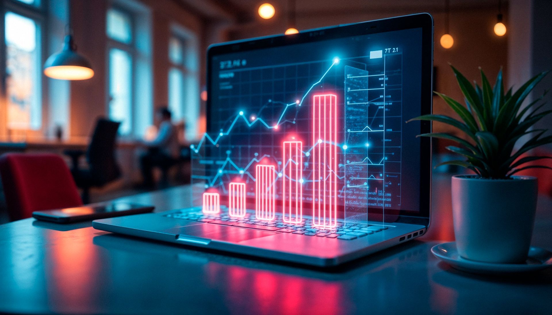 Una computadora portátil muestra una gráfica brillante de crecimiento financiero. Oficina con una planta y una taza de café.