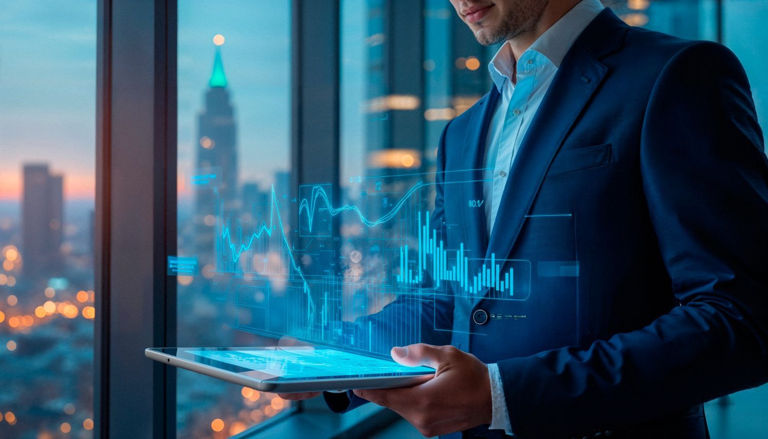 Hombre de traje sosteniendo una tableta, viendo datos holográficos del mercado de valores, fondo del horizonte de la ciudad.