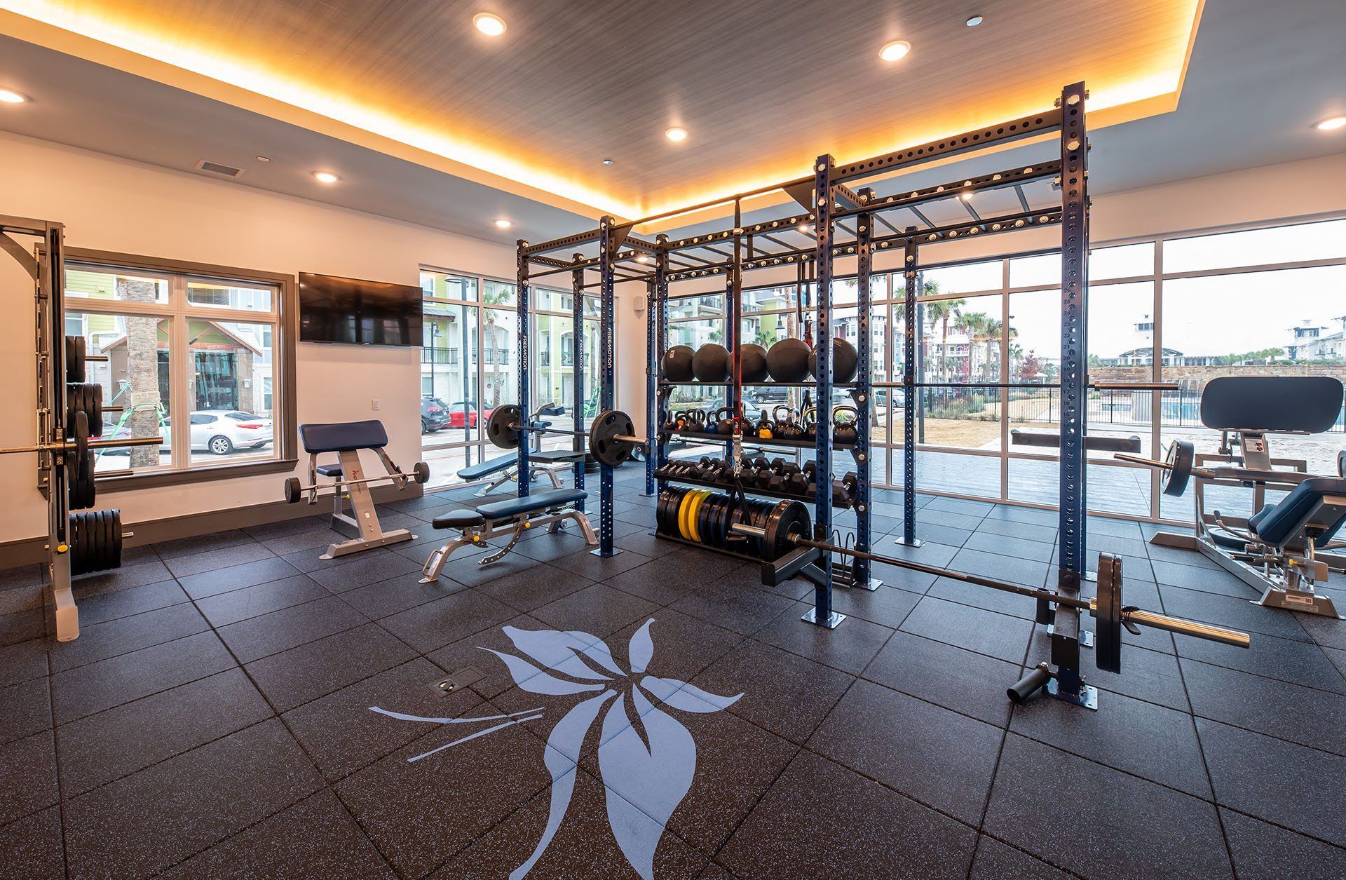 Apartments for Rent Lewisville TX - Spacious Fitness Center with Weight Station, Squat Rack, and TV