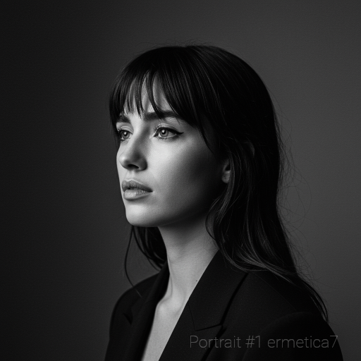 Black-and-white AI-generated portrait of a woman with long dark hair and bangs, wearing a dark blazer, gazing left against a plain dark background — digital artwork titled 