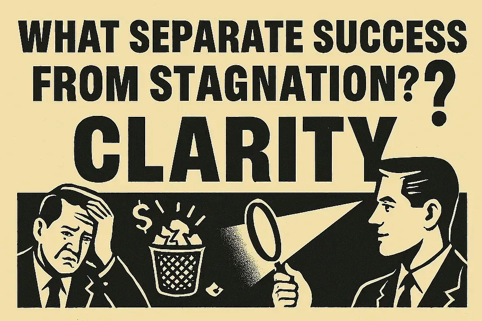 Vintage-style illustration contrasting business clarity and stagnation, featuring executives analyzing hidden costs and operational inefficiencies with a magnifying glass, ideal for content on ROI frameworks, time management, and AI-powered diagnostics.