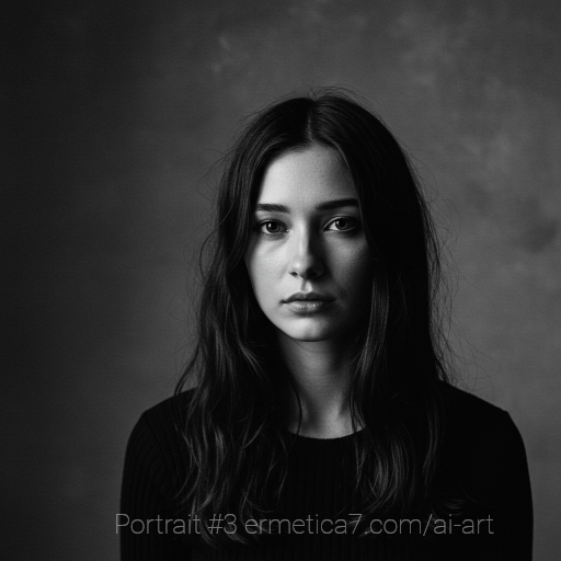 Black-and-white AI-generated portrait of a person with long dark hair, wearing a ribbed top, centered against a textured gradient background, evoking minimalist expressionism.