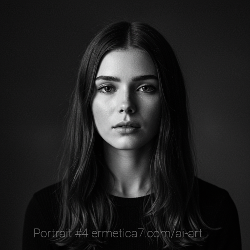Grayscale AI-generated portrait of a woman with long dark hair and a neutral expression, centered against a plain dark background with editing guides visible, emphasizing minimalist composition and digital precision.