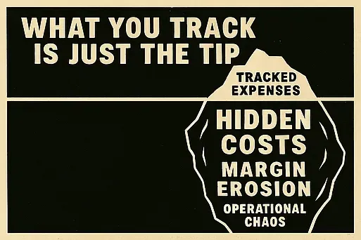 Iceberg graphic illustrating surface-level tracked expenses versus submerged hidden costs.