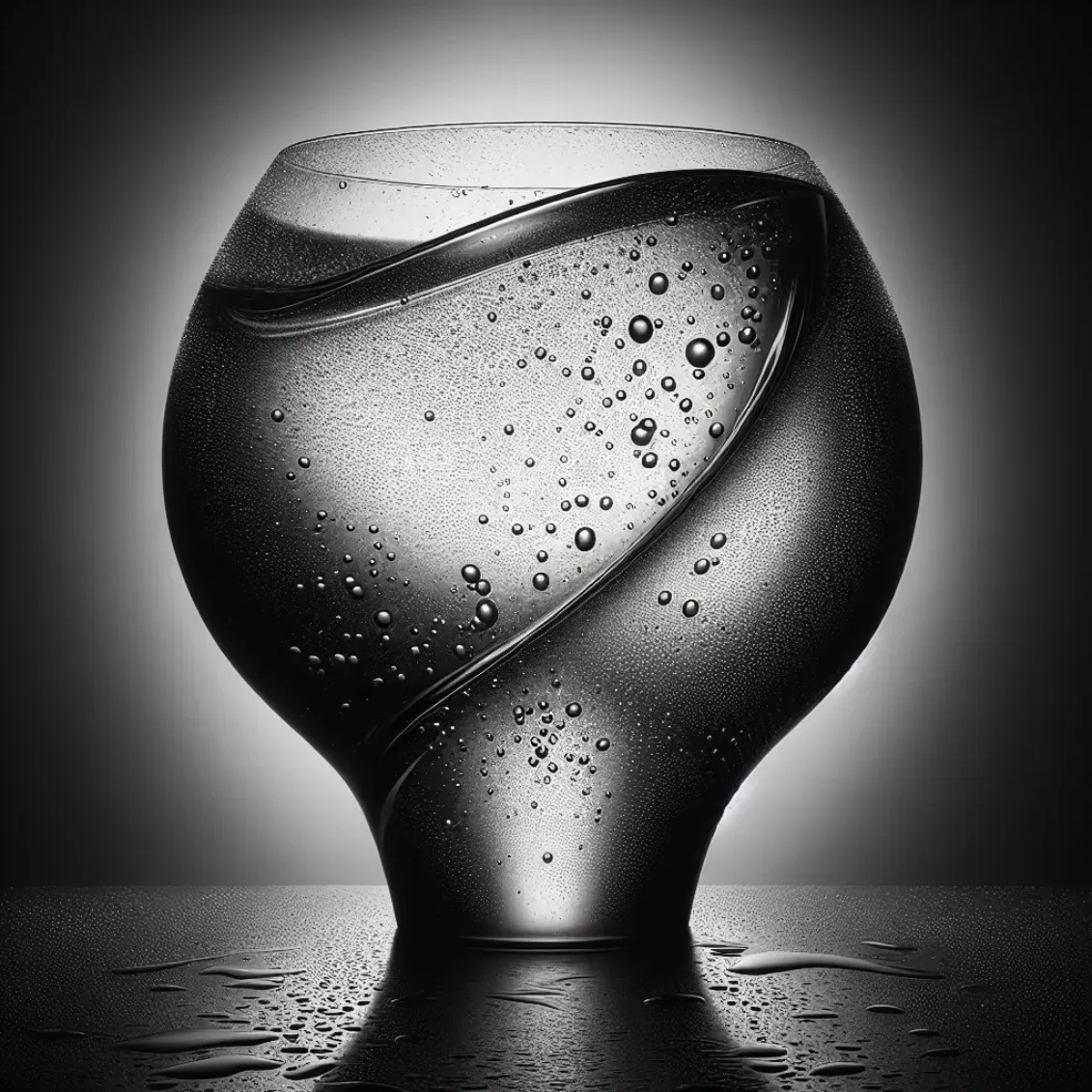 A black and white photograph of a glass vase with water and shining bubbles, representing the beauty of simplicity in one's unique personality.
