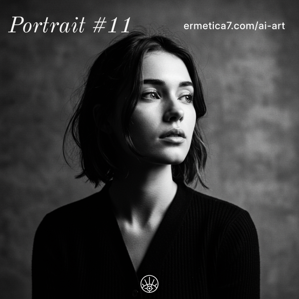 AI-generated black-and-white portrait of a woman with short dark hair in a ribbed V-neck top, gazing slightly right against a textured dark background, with soft lighting emphasizing facial contours and emotional depth.