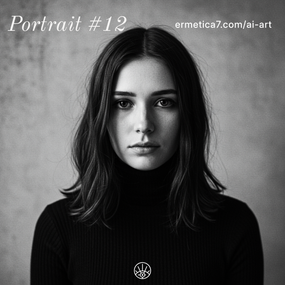 AI-generated black-and-white portrait of a woman with shoulder-length dark hair in a black turtleneck, looking directly at the camera against a subtly textured background, with soft lighting creating a moody and introspective atmosphere.