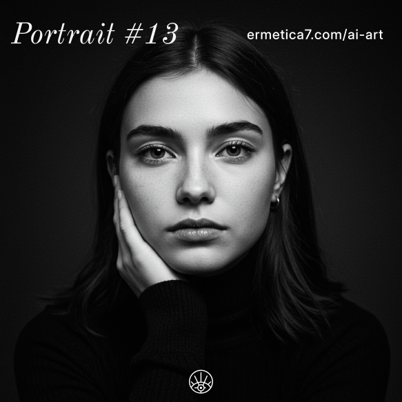 AI-generated black-and-white portrait of a girl with medium-length dark hair in a turtleneck, resting their face on one hand and gazing forward with a neutral expression, set against a dark background with soft lighting and the ermetica7 logo centered below.