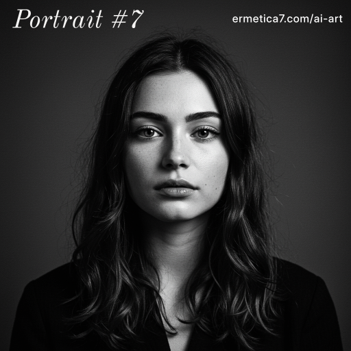 AI-generated black-and-white portrait of a woman with long wavy hair wearing a dark top, facing forward with a neutral expression against a plain dark background.