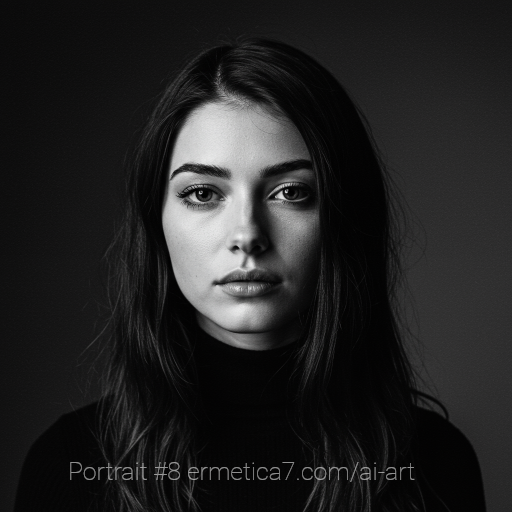 AI-generated black-and-white portrait of a person with long dark hair wearing a black turtleneck, facing forward with a neutral expression against a dark background, featuring soft lighting and high-contrast detail.