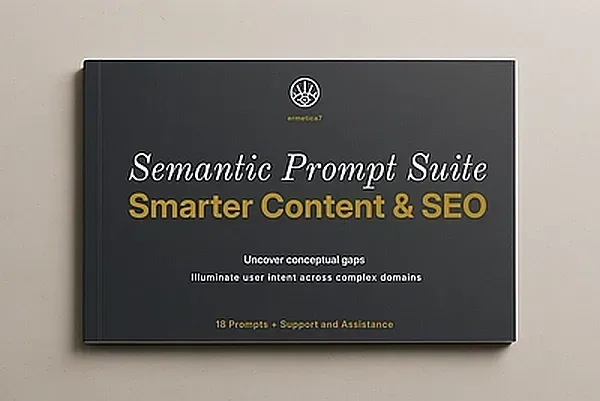 Explore smarter content strategy with 18 semantic prompts for SEO. Cover of Semantic Prompt Suite booklet featuring AI content and SEO tools.