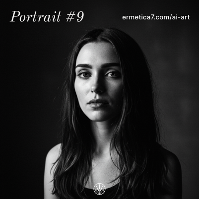 AI-generated black-and-white portrait of a person with long dark hair wearing a sleeveless top, posed against a tiled background with dramatic lighting and a direct, introspective gaze.