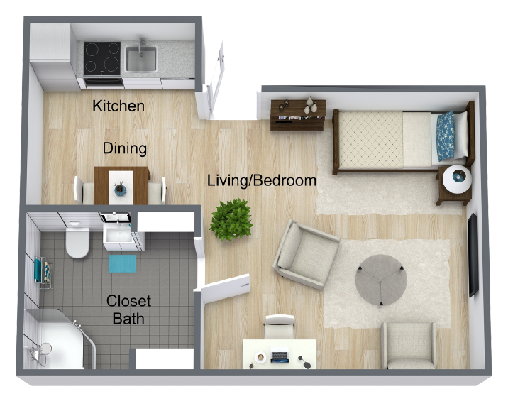 Compact apartment floor plan with kitchen, dining area, closet bath, and living/bedroom with sofa and bed.