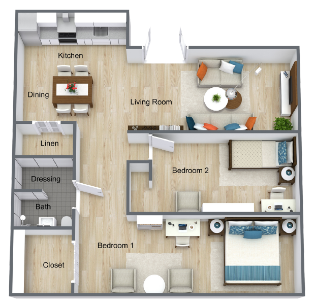 Apartment floor plan with kitchen, living room, dining area, two bedrooms, bath, linen, dressing, and closet.