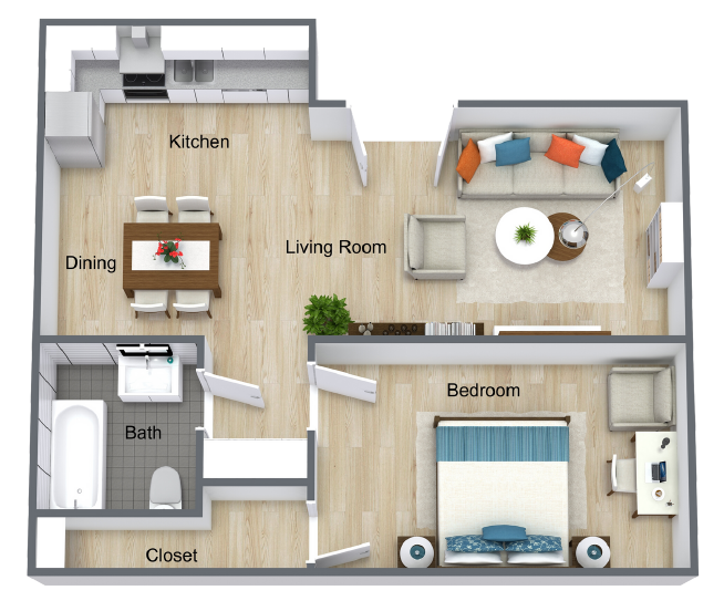 Apartment floor plan with kitchen, dining area, living room, bathroom, closet, and bedroom.
