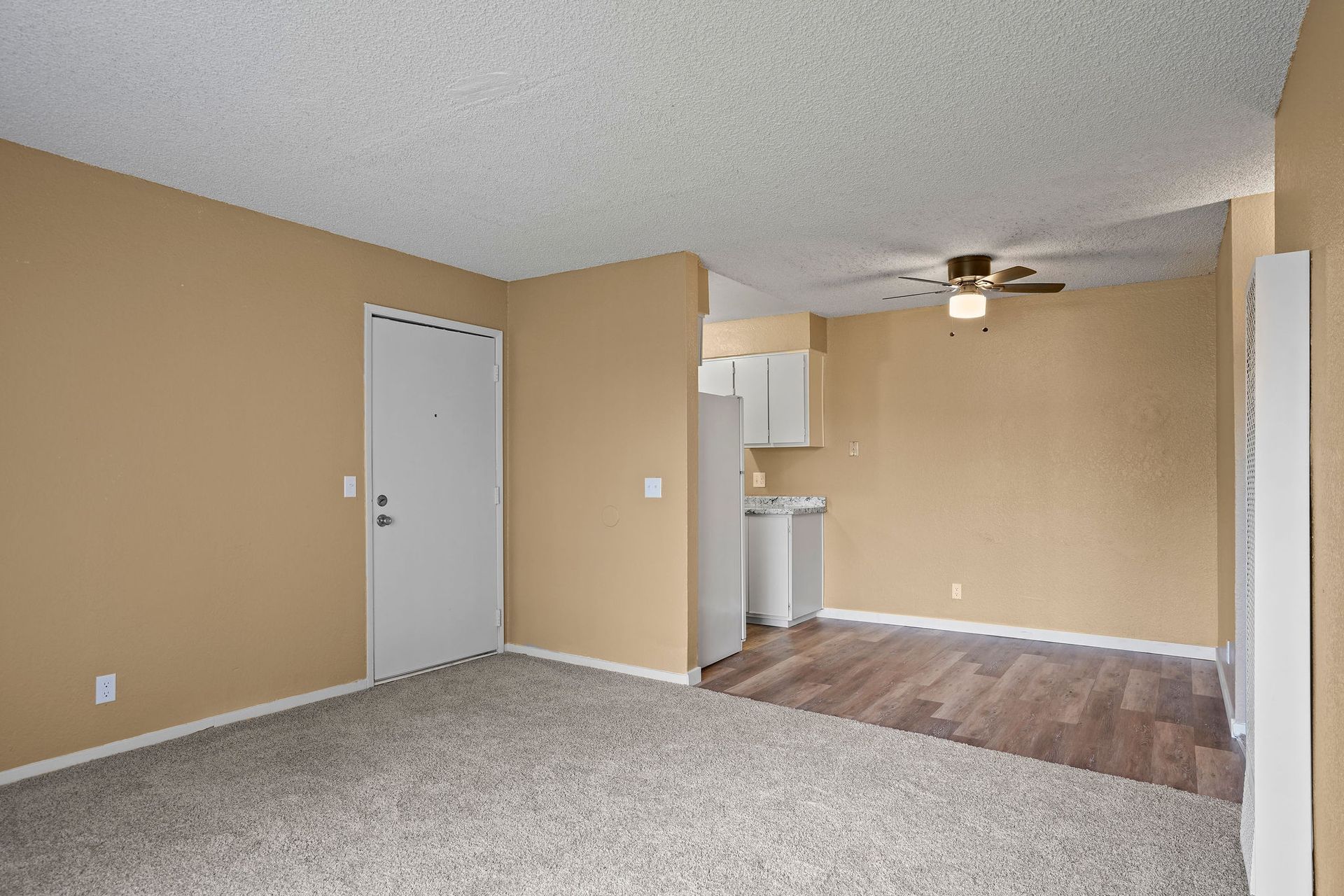 Empty apartment living room with beige walls, carpet, and a small kitchen area with wood flooring.
