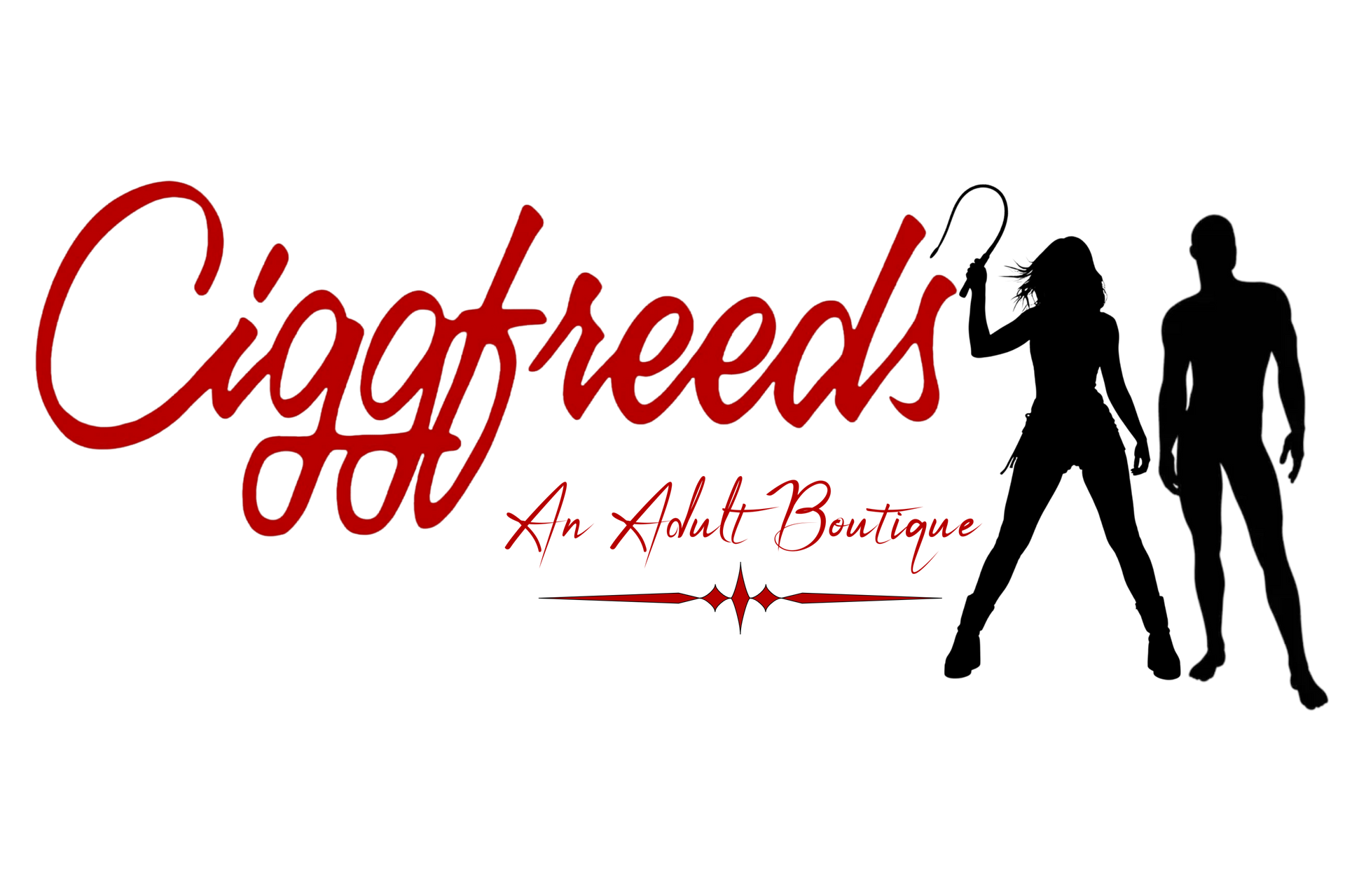 Logo for Cigafreeds Adult Boutique with bold red text and silhouettes of two figures, one holding a whip.