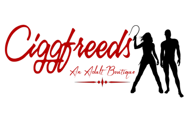 Logo for Cigafreeds Adult Boutique with bold red text and silhouettes of two figures, one holding a whip.