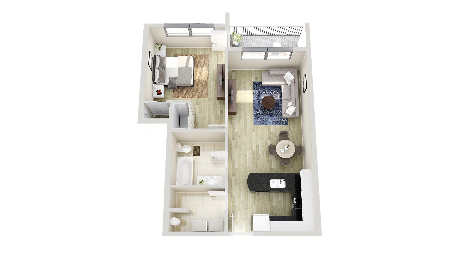 One Bed One Bath GHIJ Floor Plan