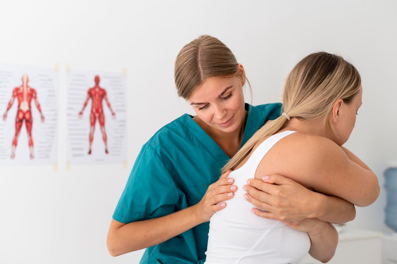 Chiropractor adjusting a patient's back in a light-filled office; anatomical charts on the wall.