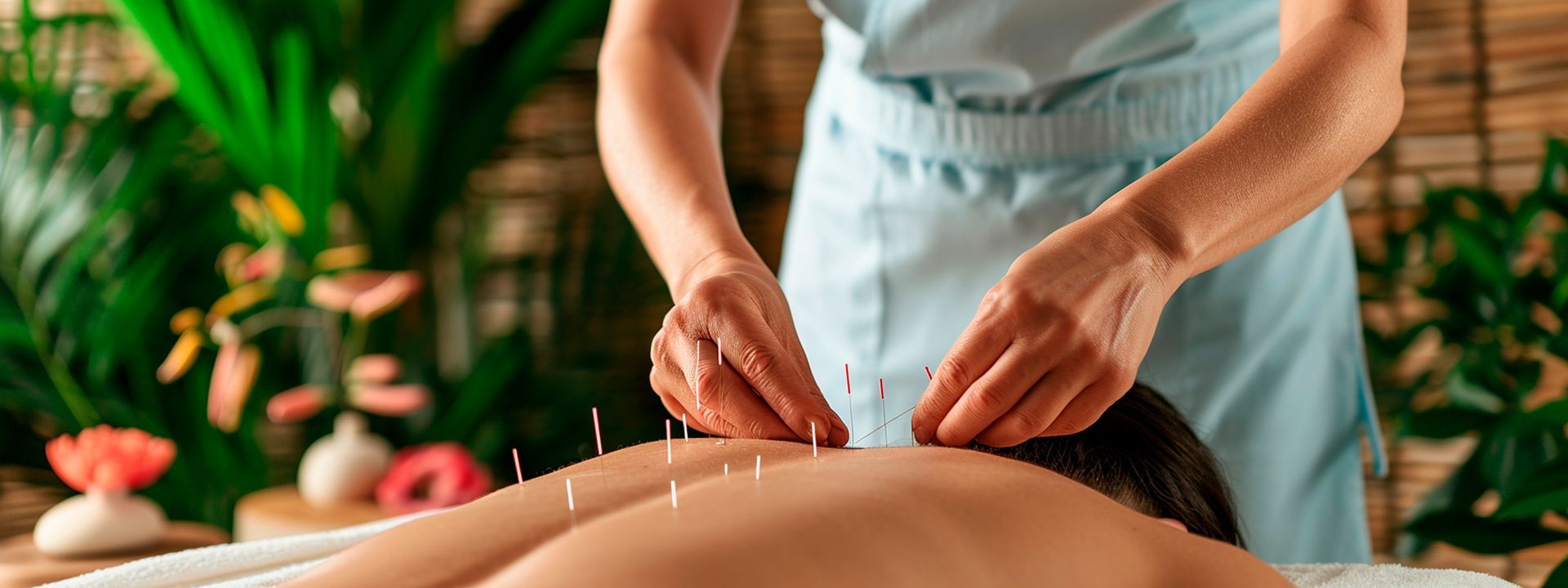 A woman is getting acupuncture on her back in a spa.