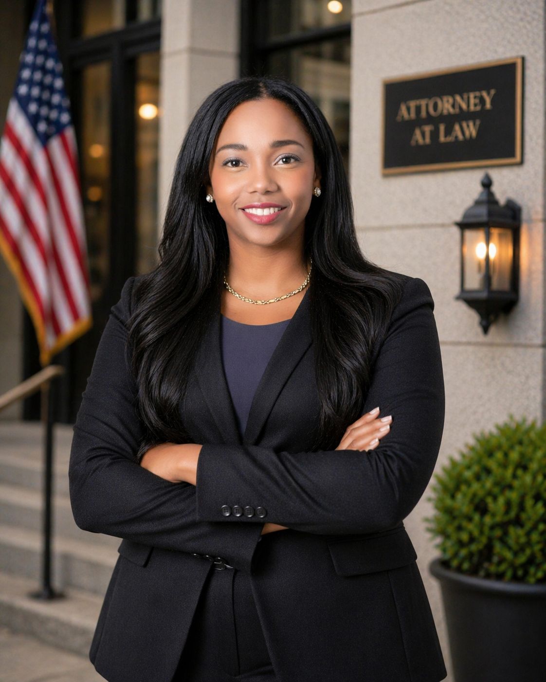 Woman in a burgundy suit smiles, a silver necklace, indoors, with framed art on the wall.