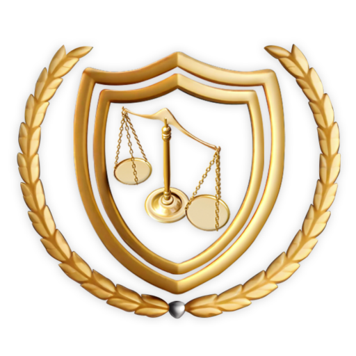 Gold emblem with scales of justice inside a shield, surrounded by a laurel wreath.