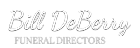 Bill DeBerry Funeral Directors logo. White script text on gray background.